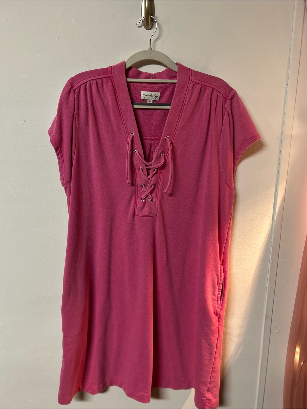 Wonderly XL Pink Lace Up Tunic Top Short Sleeve Casual Boho